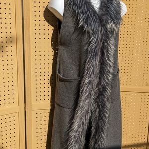 Dark gray brushed fleece vest with silver faux fur collar